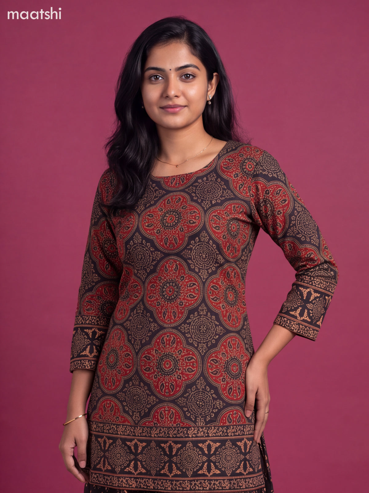 Black and Maroon Cotton Ajrakh Printed Straight Suit