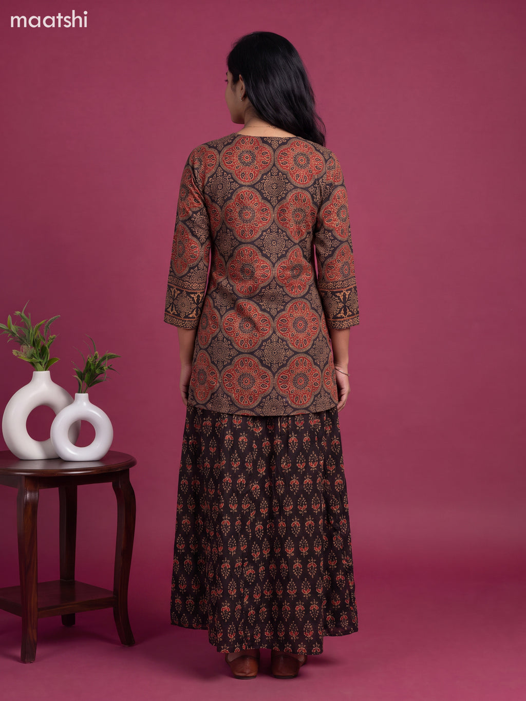 Black and Maroon Cotton Ajrakh Printed Straight Suit