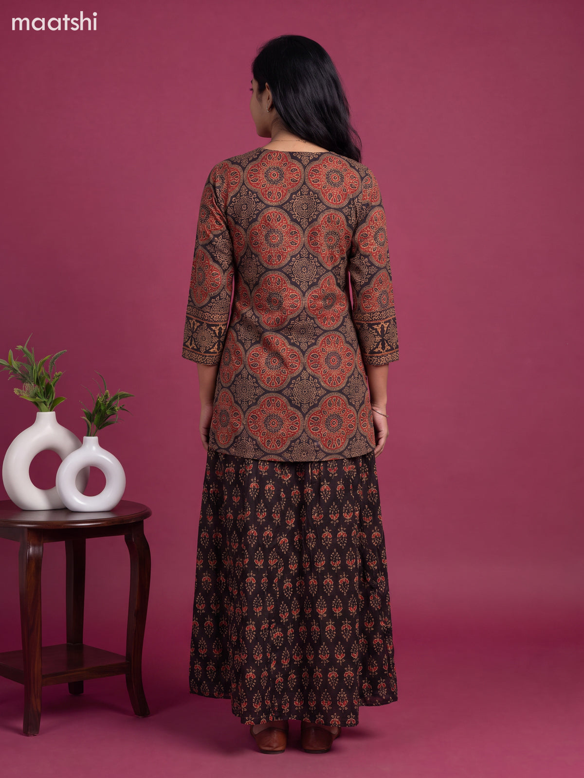 Black and Maroon Cotton Ajrakh Printed Straight Suit