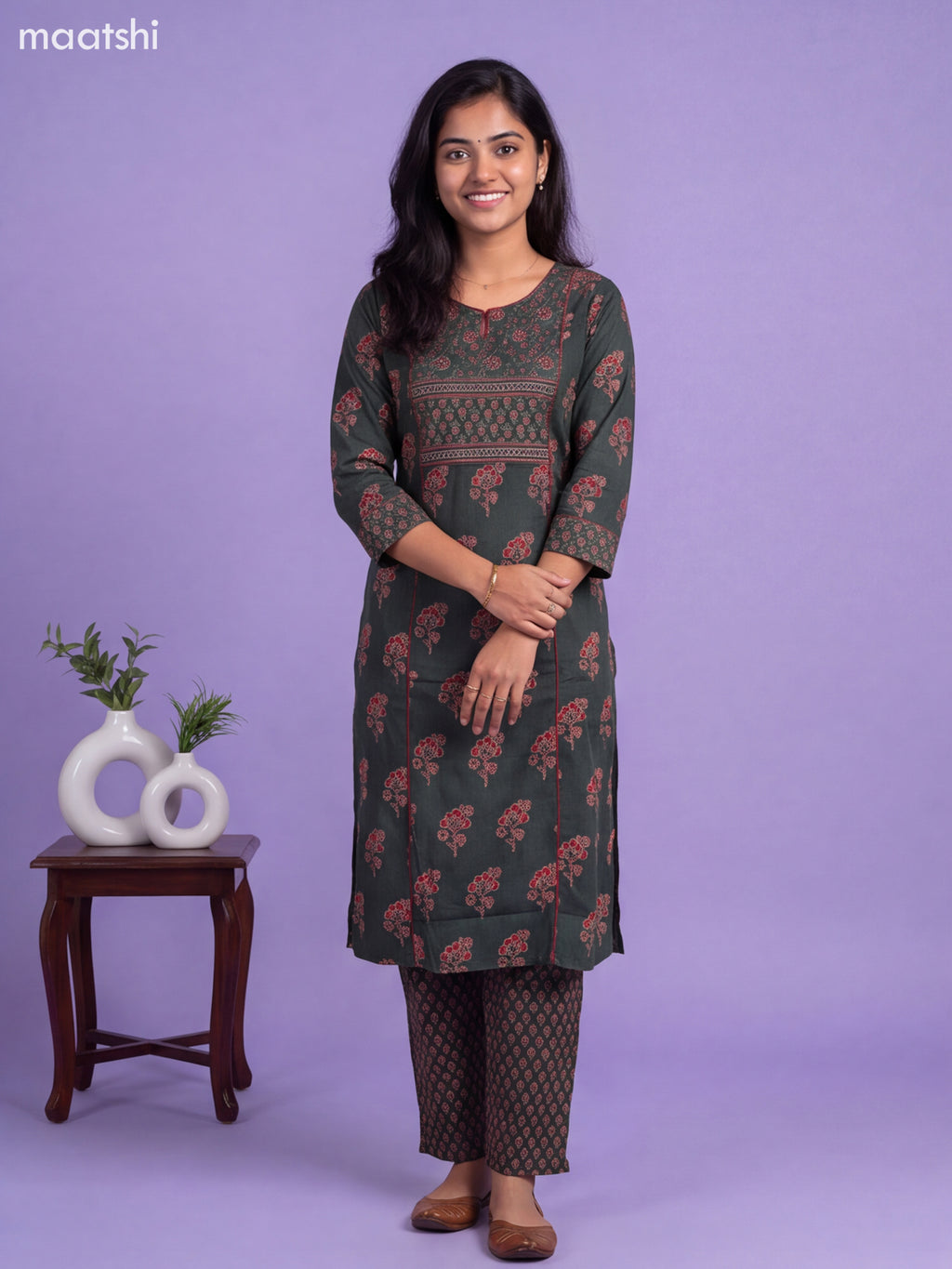 Sap Green Cotton Floral Printed Straight Suit