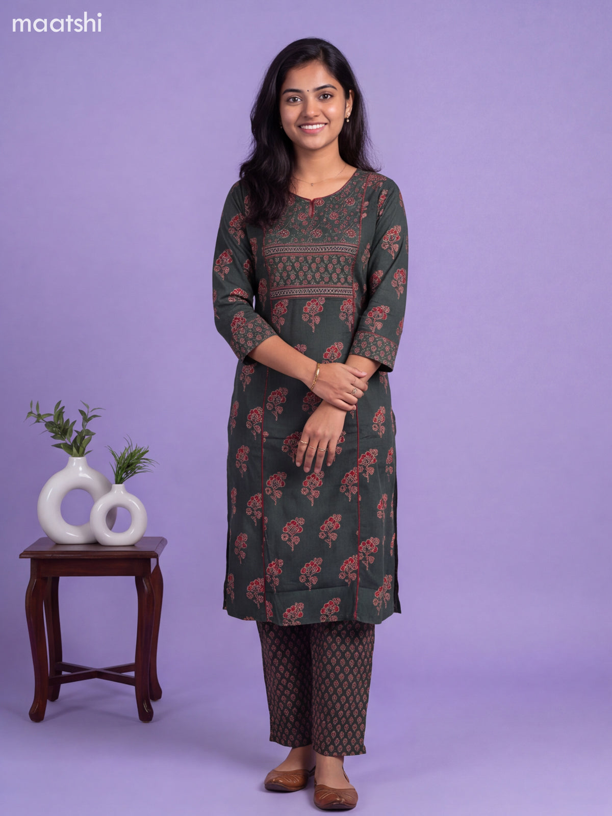 Sap Green Cotton Floral Printed Straight Suit