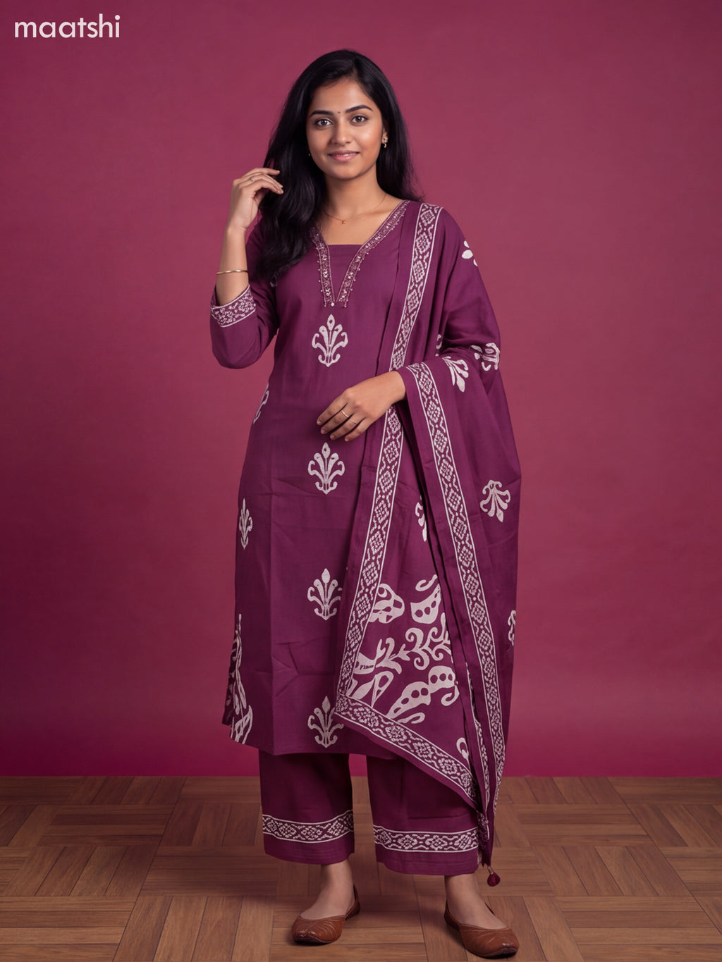 Purple Cotton Printed Straight Suit