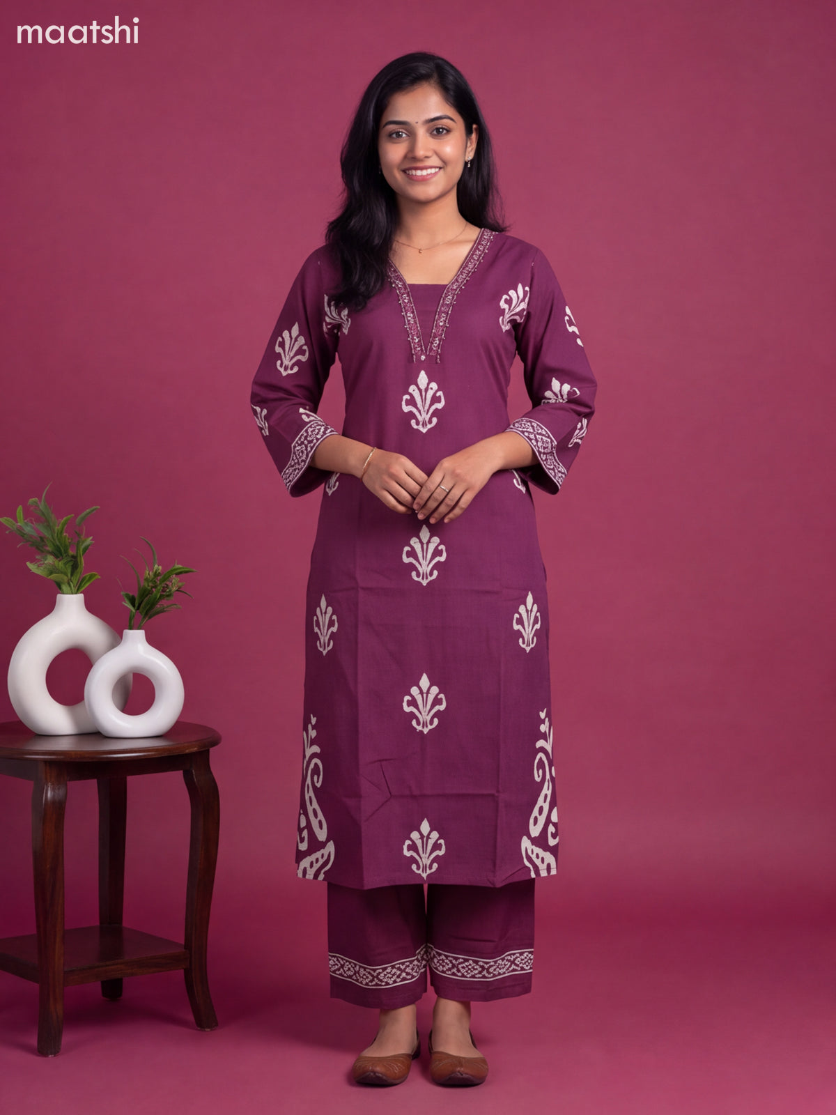 Purple Cotton Printed Straight Suit