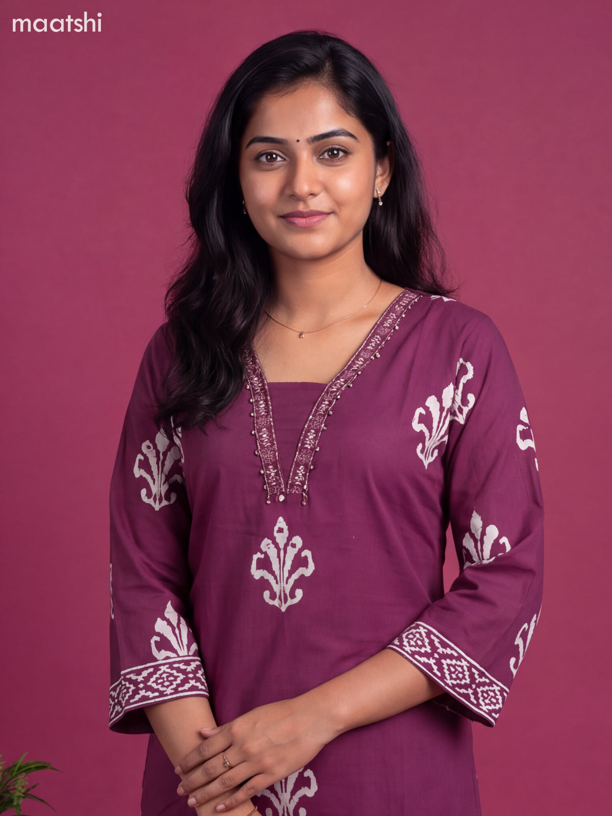 Purple Cotton Printed Straight Suit