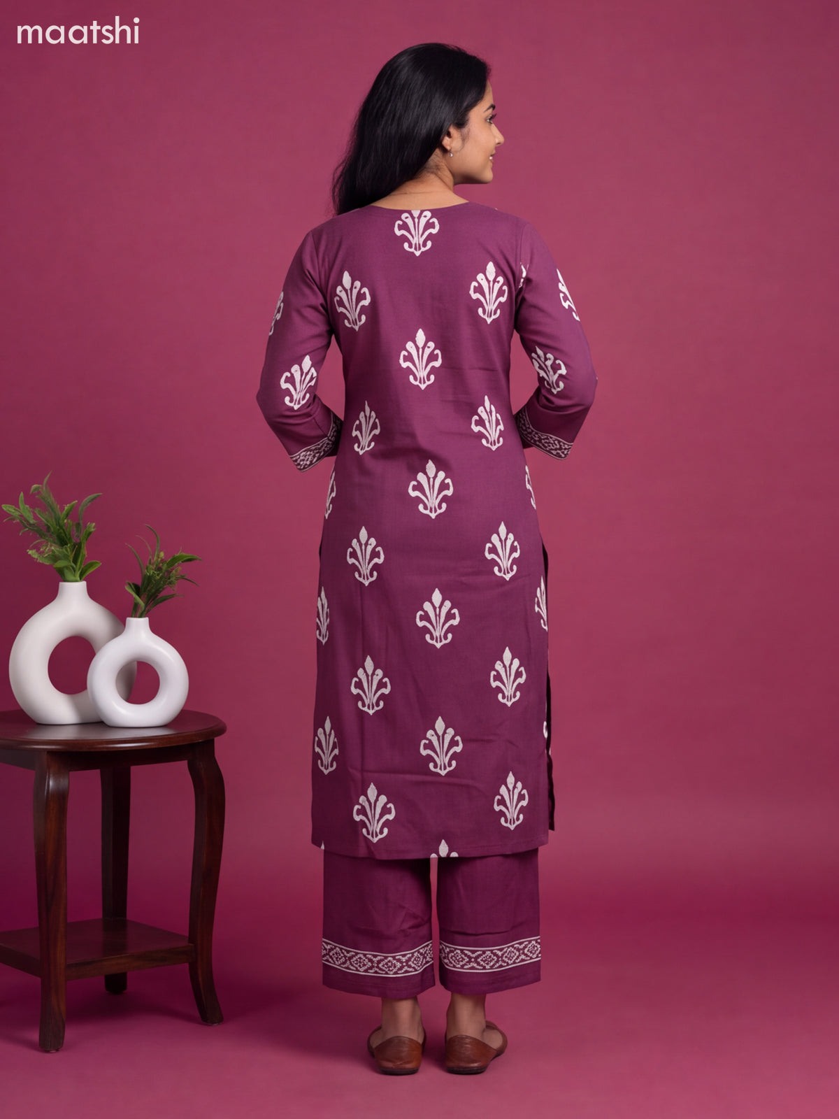 Purple Cotton Printed Straight Suit