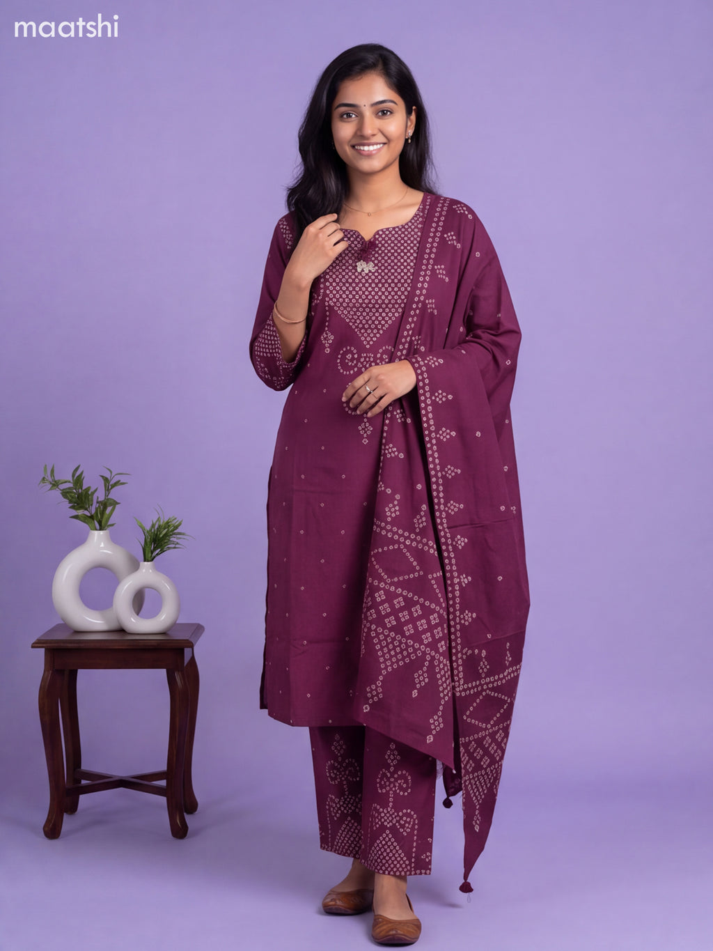 Purple Cotton Printed Straight Suit