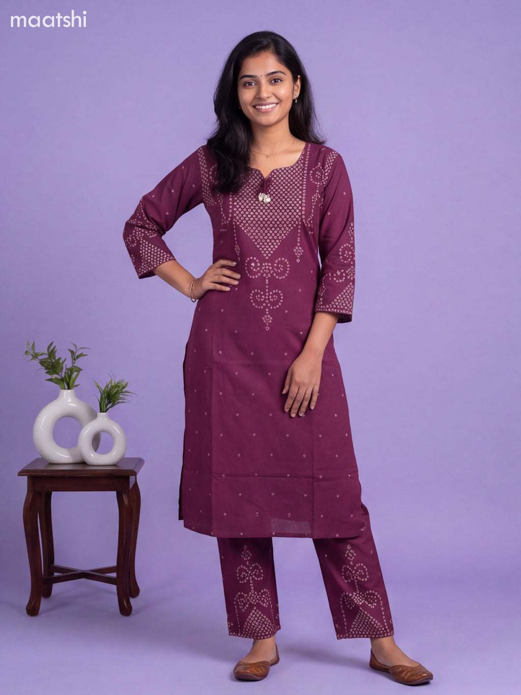 Purple Cotton Printed Straight Suit