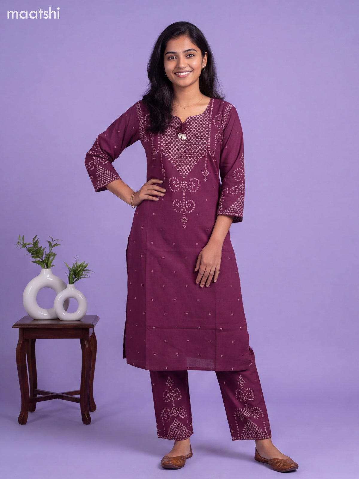 Purple Cotton Printed Straight Suit