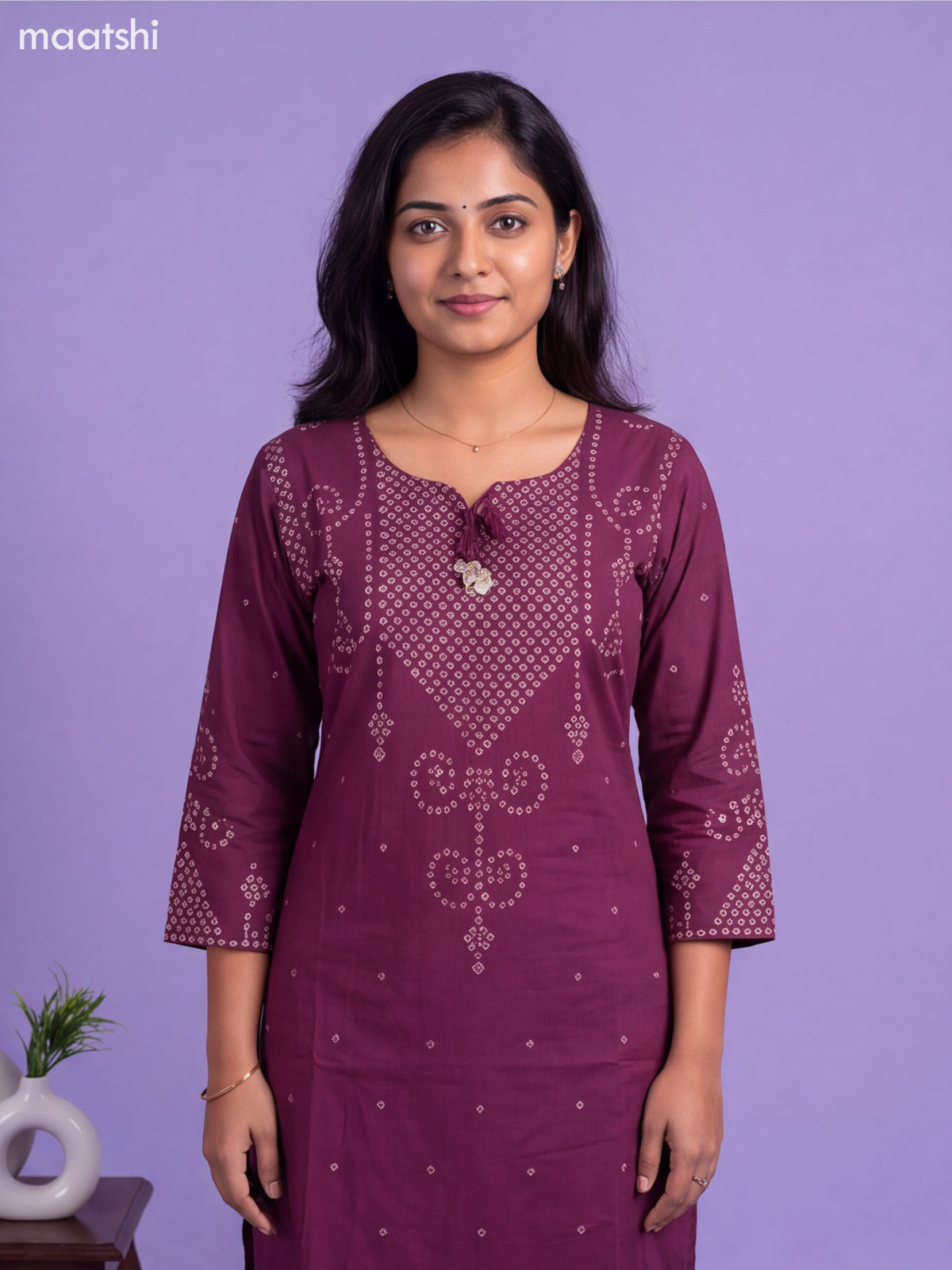 Purple Cotton Printed Straight Suit