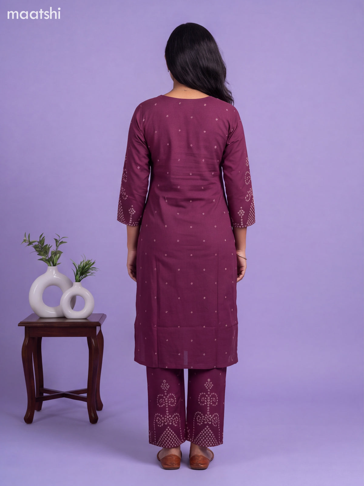 Purple Cotton Printed Straight Suit