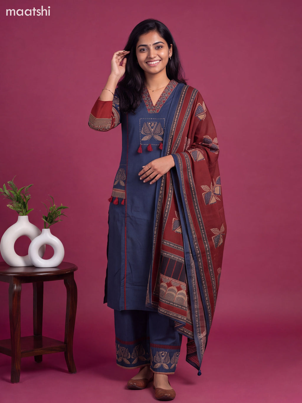 Navy Blue and Maroon Cotton Printed A-Line Suit