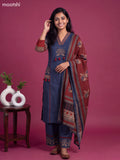 Navy Blue and Maroon Cotton Printed A-Line Suit