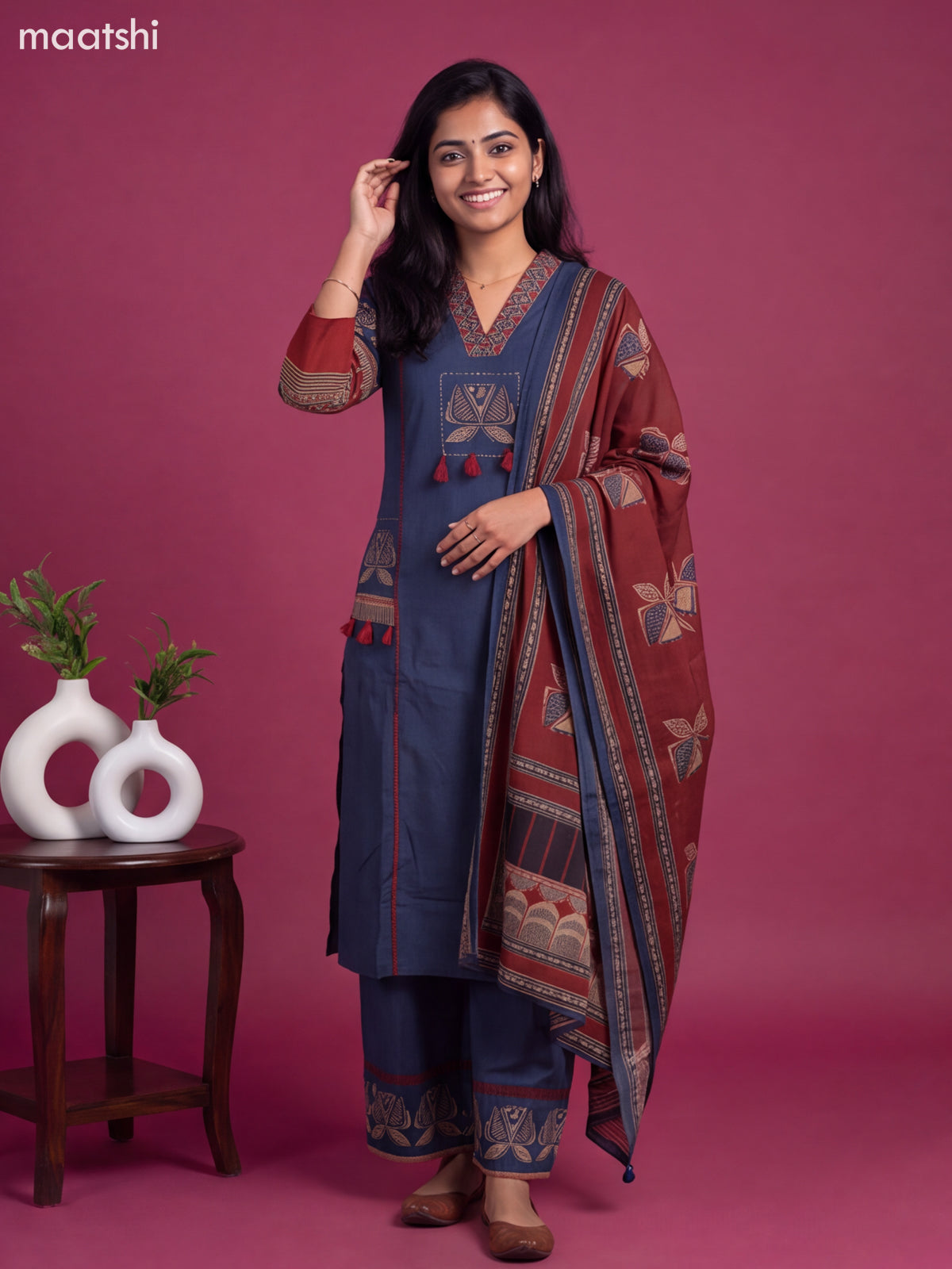 Navy Blue and Maroon Cotton Printed A-Line Suit