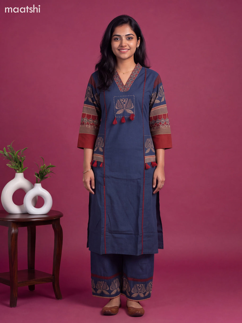 Navy Blue and Maroon Cotton Printed A-Line Suit