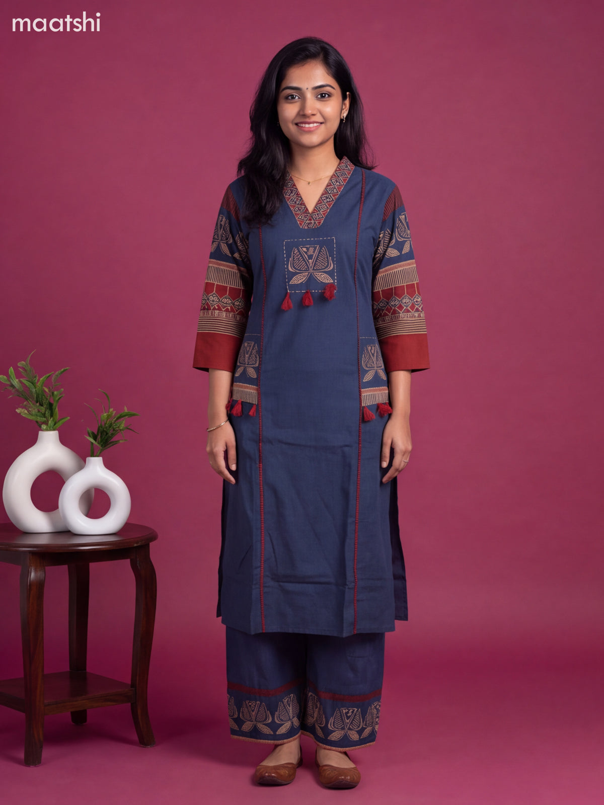 Navy Blue and Maroon Cotton Printed A-Line Suit