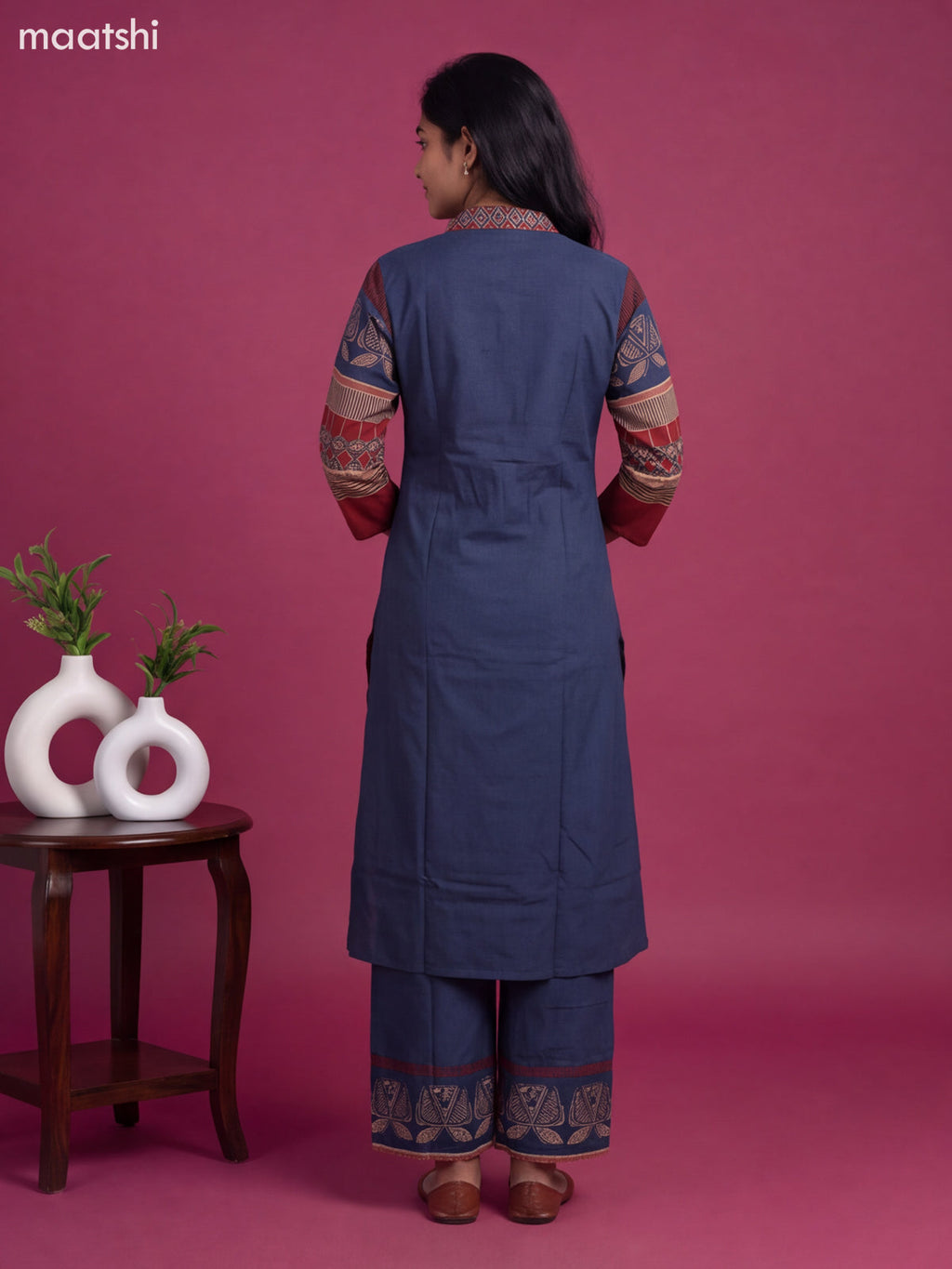 Navy Blue and Maroon Cotton Printed A-Line Suit