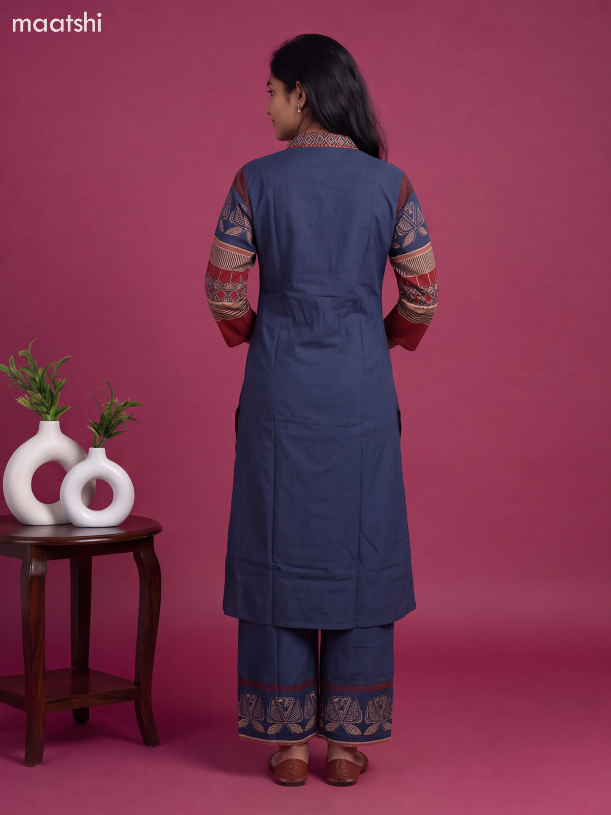 Navy Blue and Maroon Cotton Printed A-Line Suit