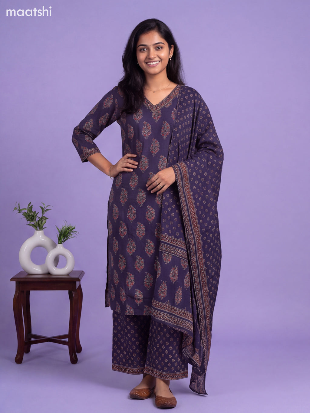 Navy Blue Cotton Floral Printed & Embroidery Work Straight Suit