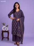 Navy Blue Cotton Floral Printed & Embroidery Work Straight Suit