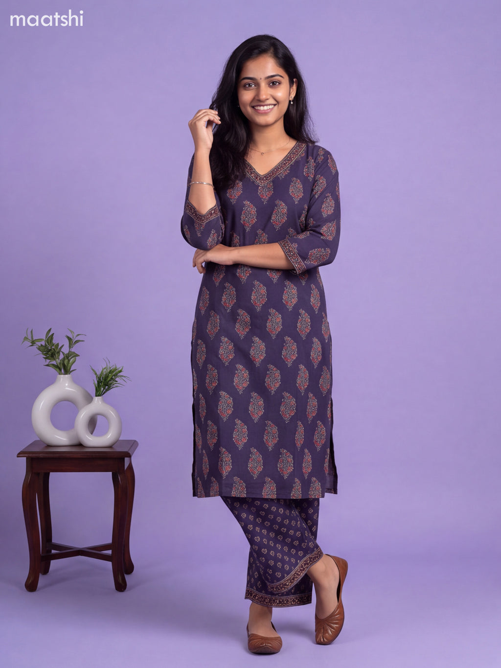 Navy Blue Cotton Floral Printed & Embroidery Work Straight Suit