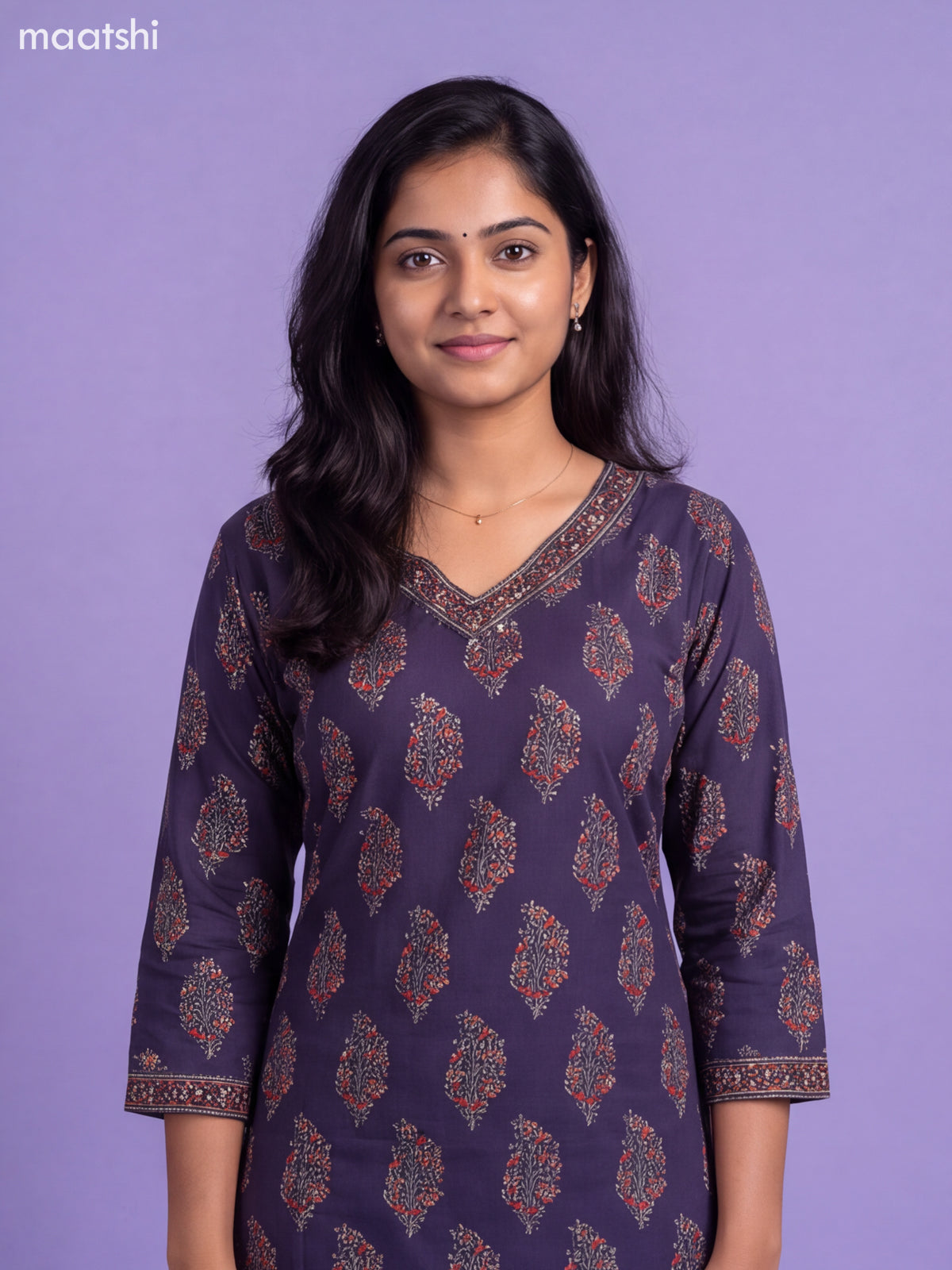 Navy Blue Cotton Floral Printed & Embroidery Work Straight Suit