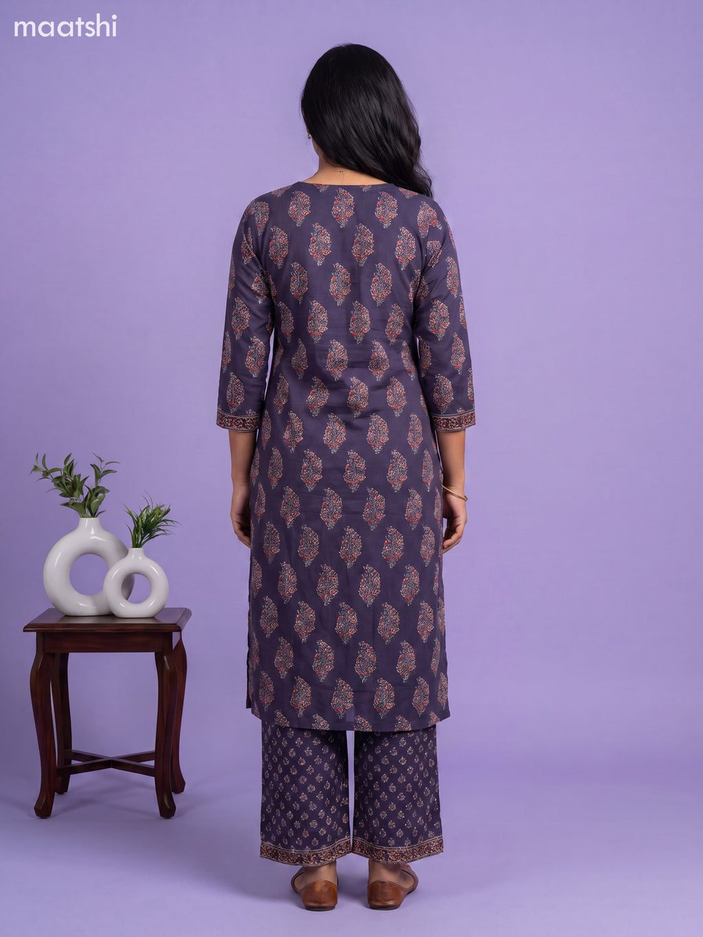 Navy Blue Cotton Floral Printed & Embroidery Work Straight Suit