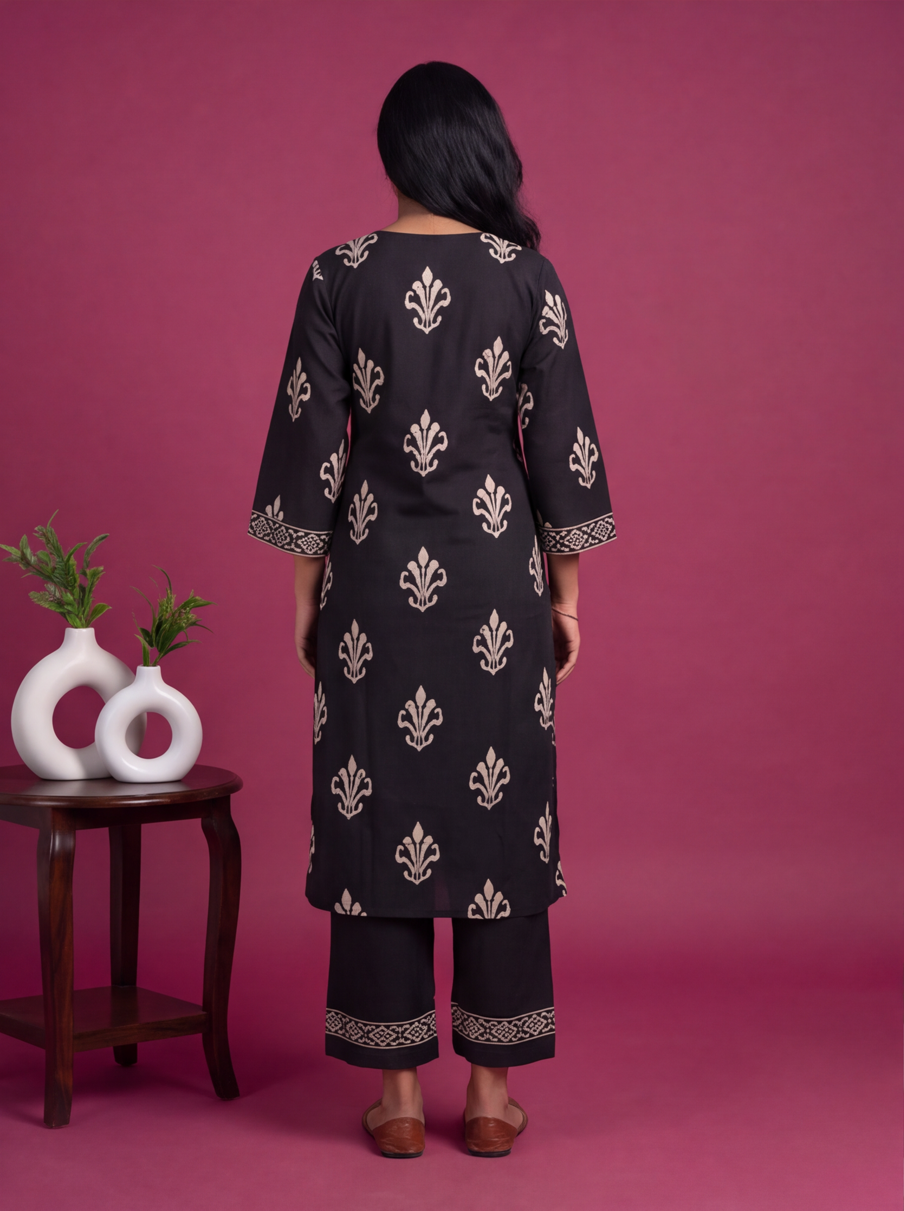 Black Cotton Printed & Embroidery Work Straight Suit