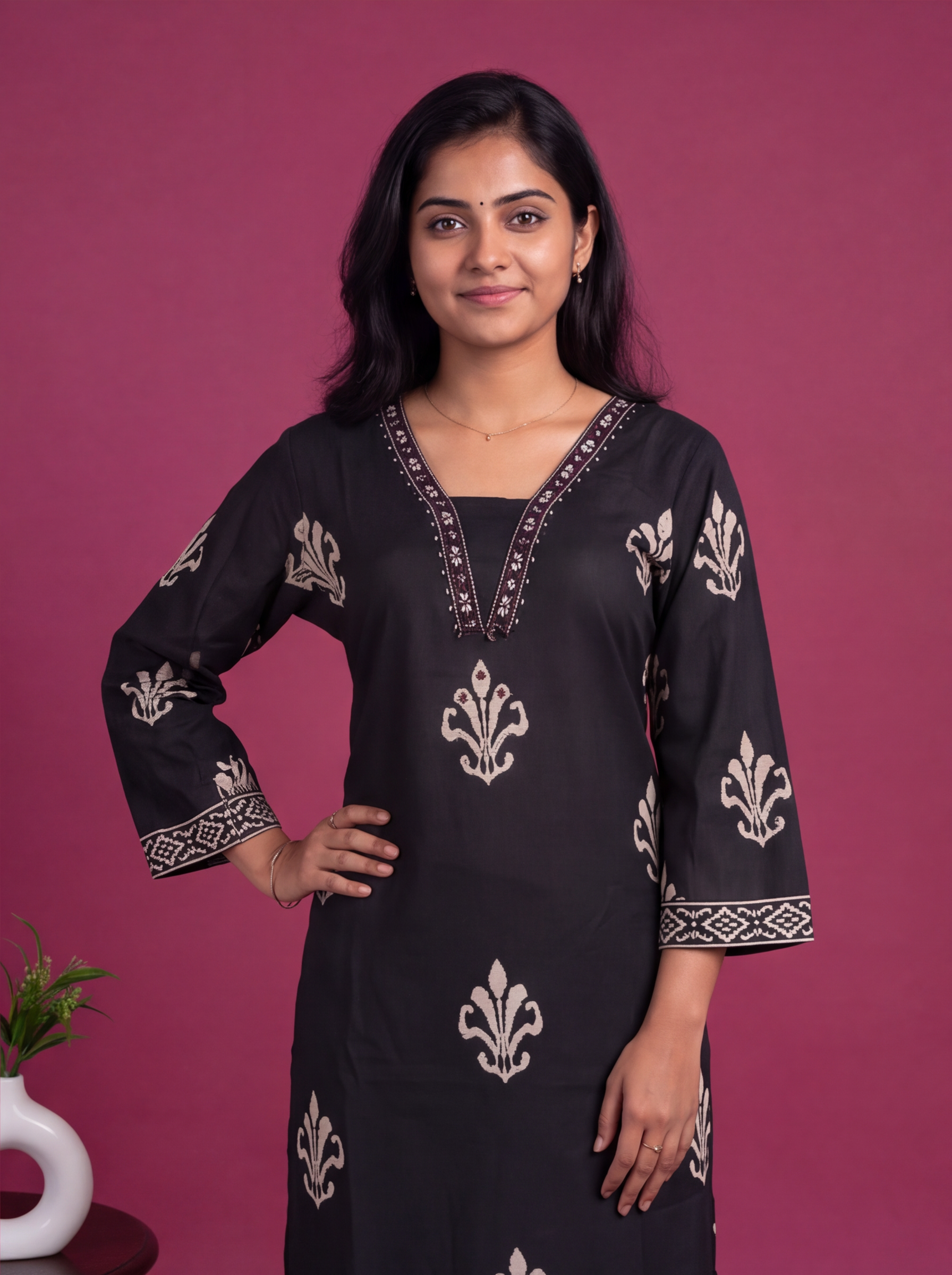 Black Cotton Printed & Embroidery Work Straight Suit