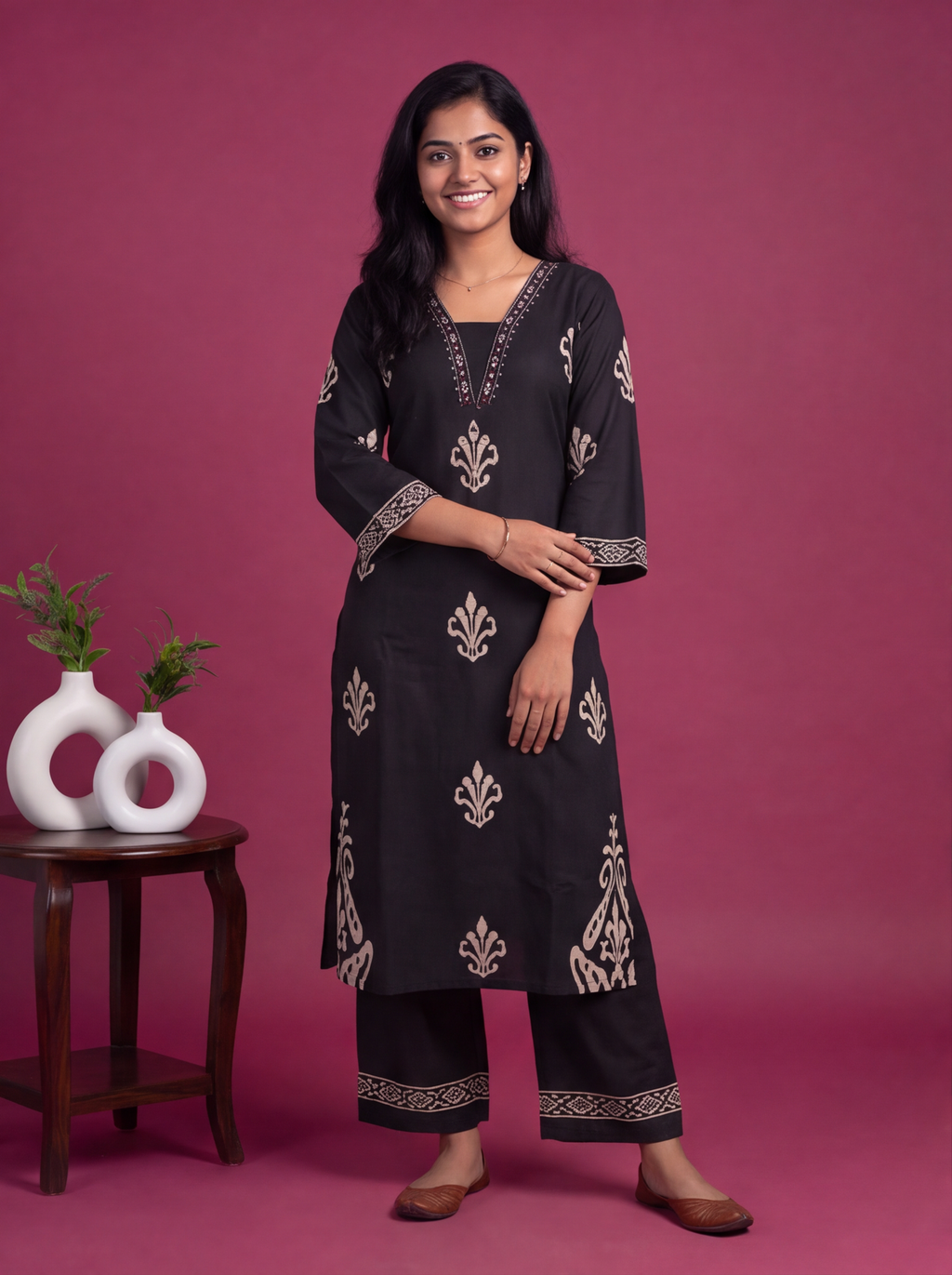 Black Cotton Printed & Embroidery Work Straight Suit