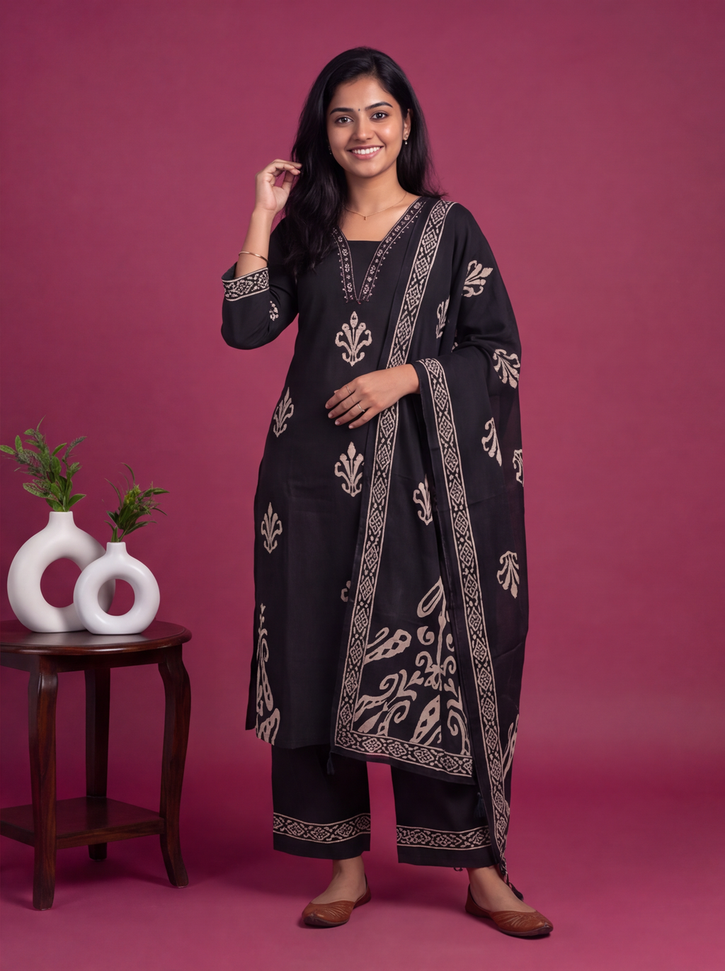 Black Cotton Printed & Embroidery Work Straight Suit