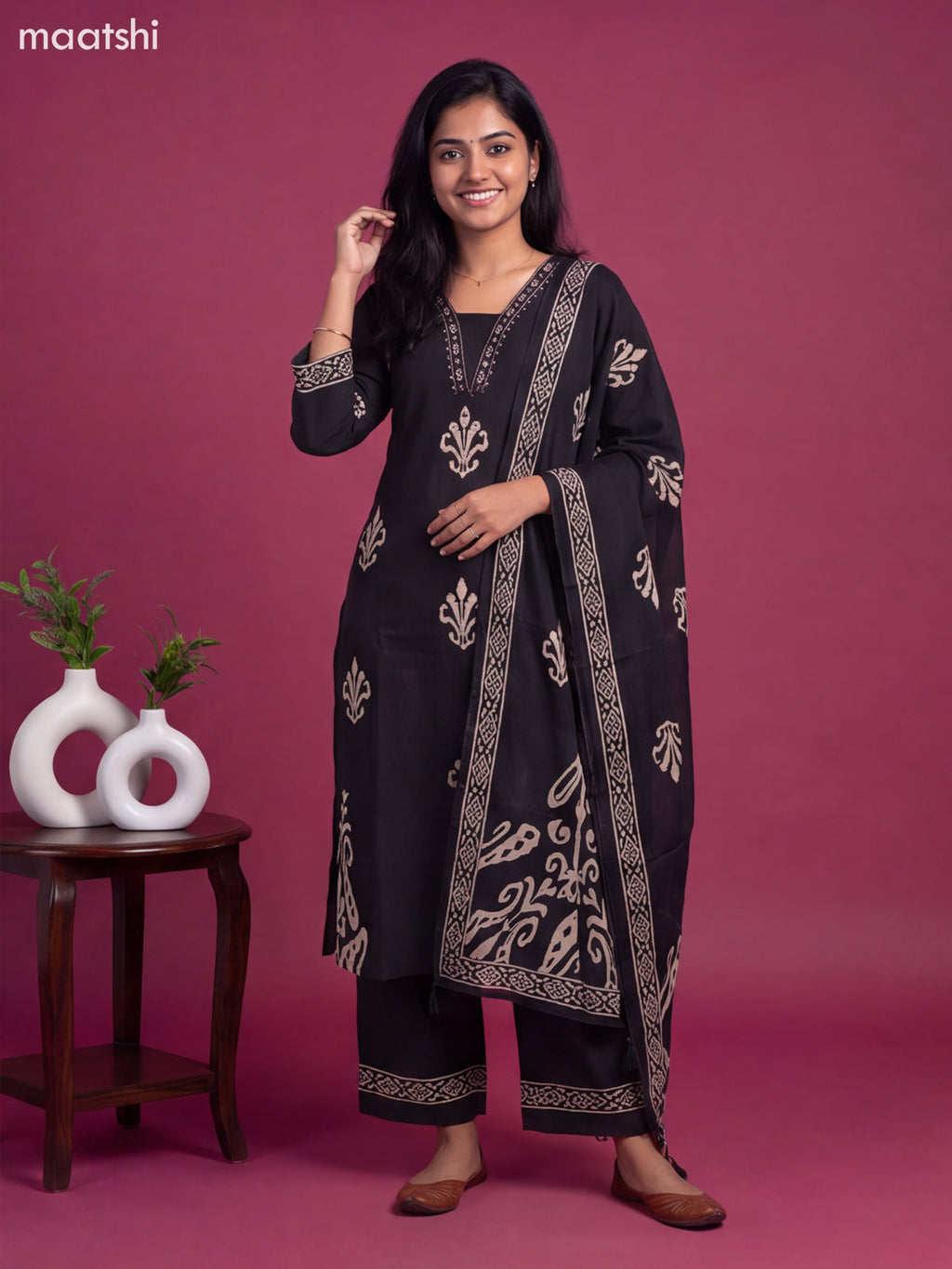 Black Cotton Printed & Embroidery Work Straight Suit
