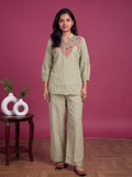 Pastel Green Cotton Embroidery Work Short Co-Ord Set