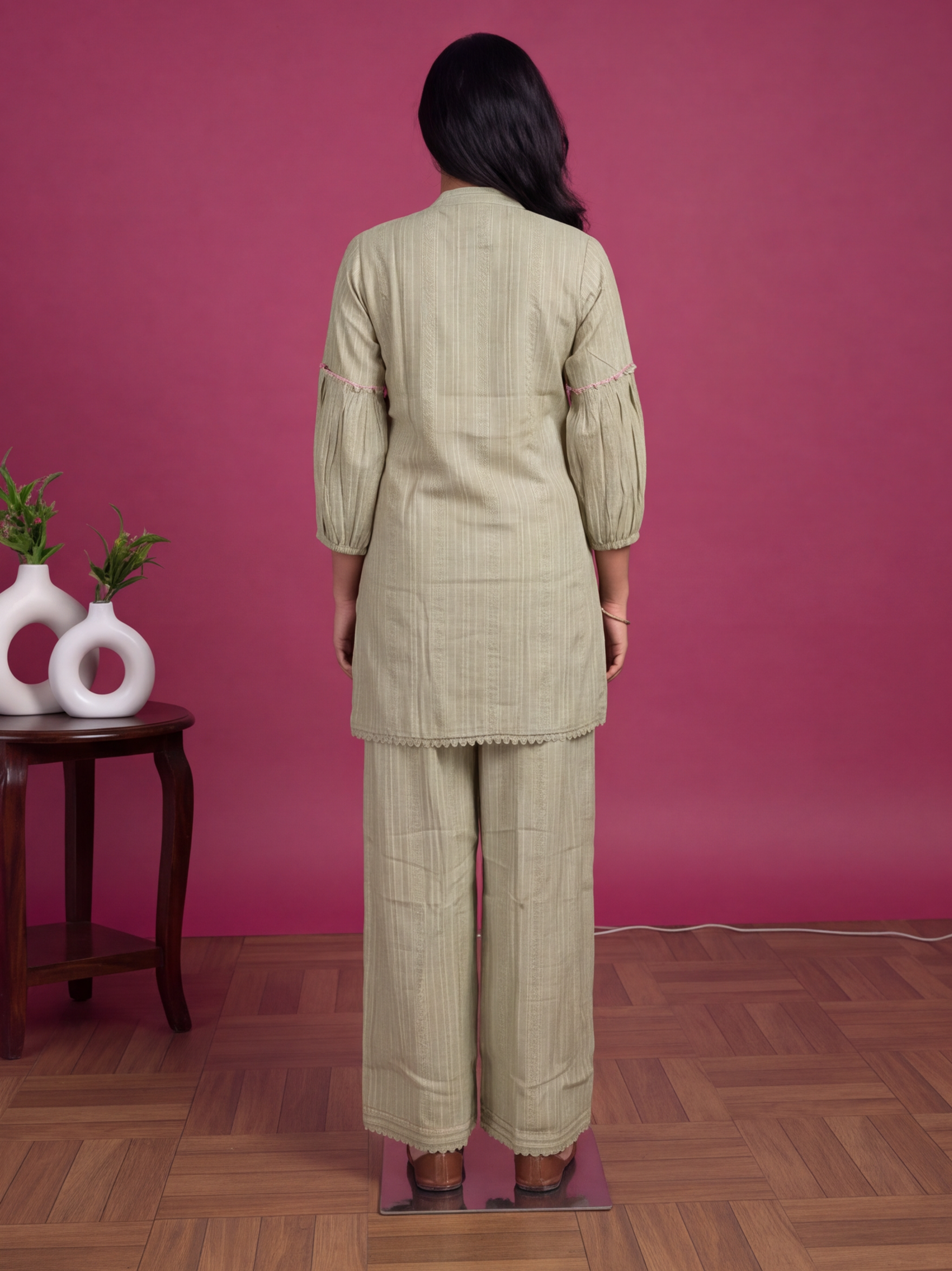 Pastel Green Cotton Embroidery Work Short Co-Ord Set