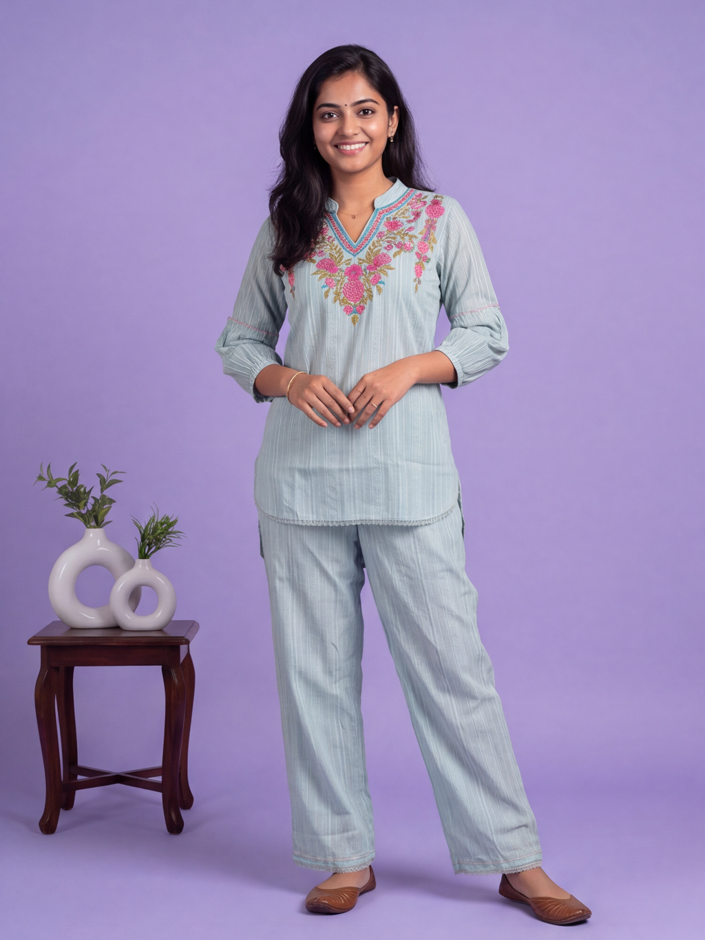 Teal Blue Cotton Embroidery Work Short Co-Ord Set