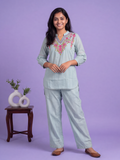 Teal Blue Cotton Embroidery Work Short Co-Ord Set