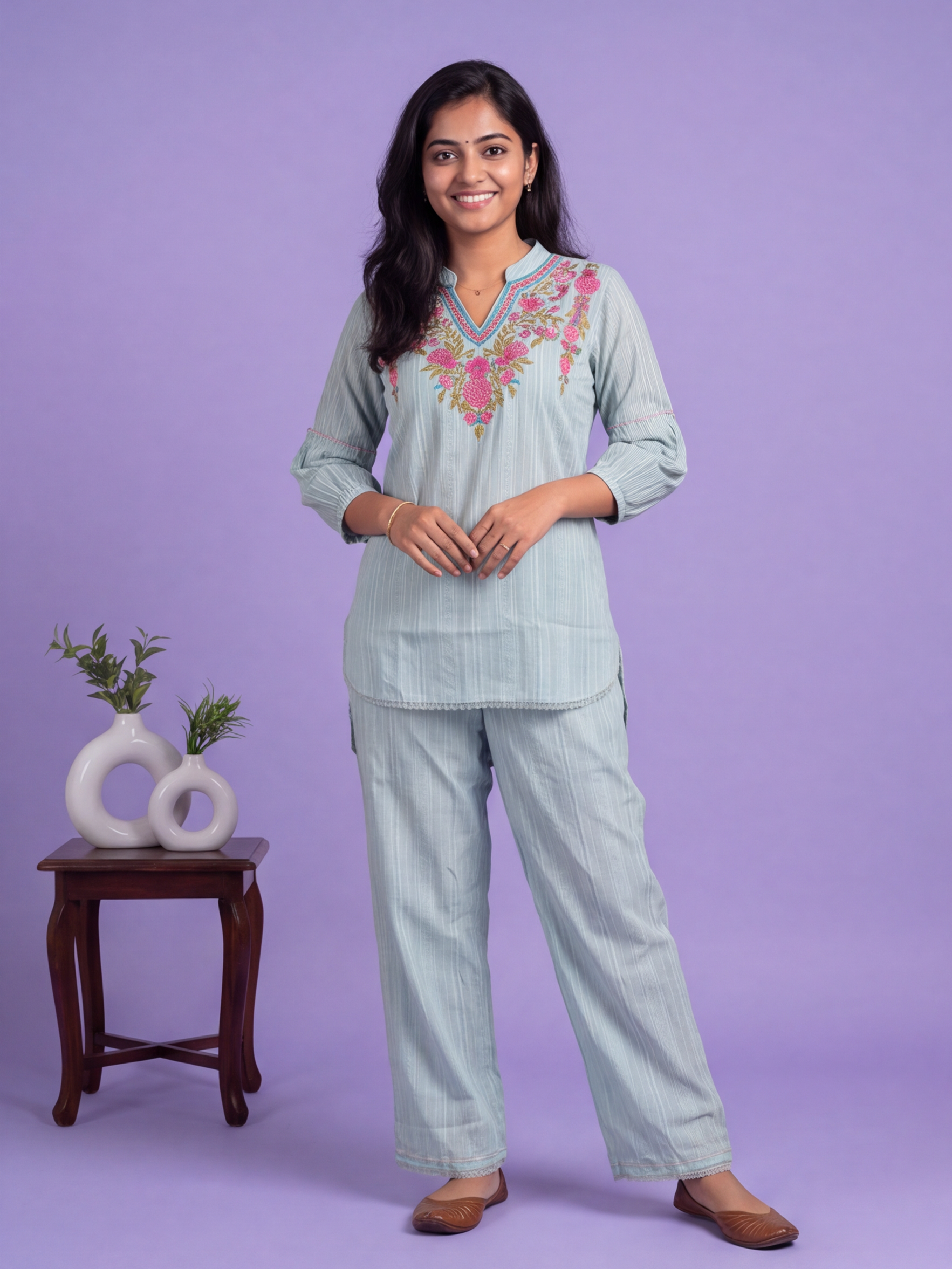 Teal Blue Cotton Embroidery Work Short Co-Ord Set