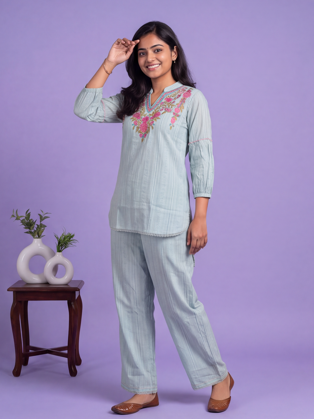 Teal Blue Cotton Embroidery Work Short Co-Ord Set