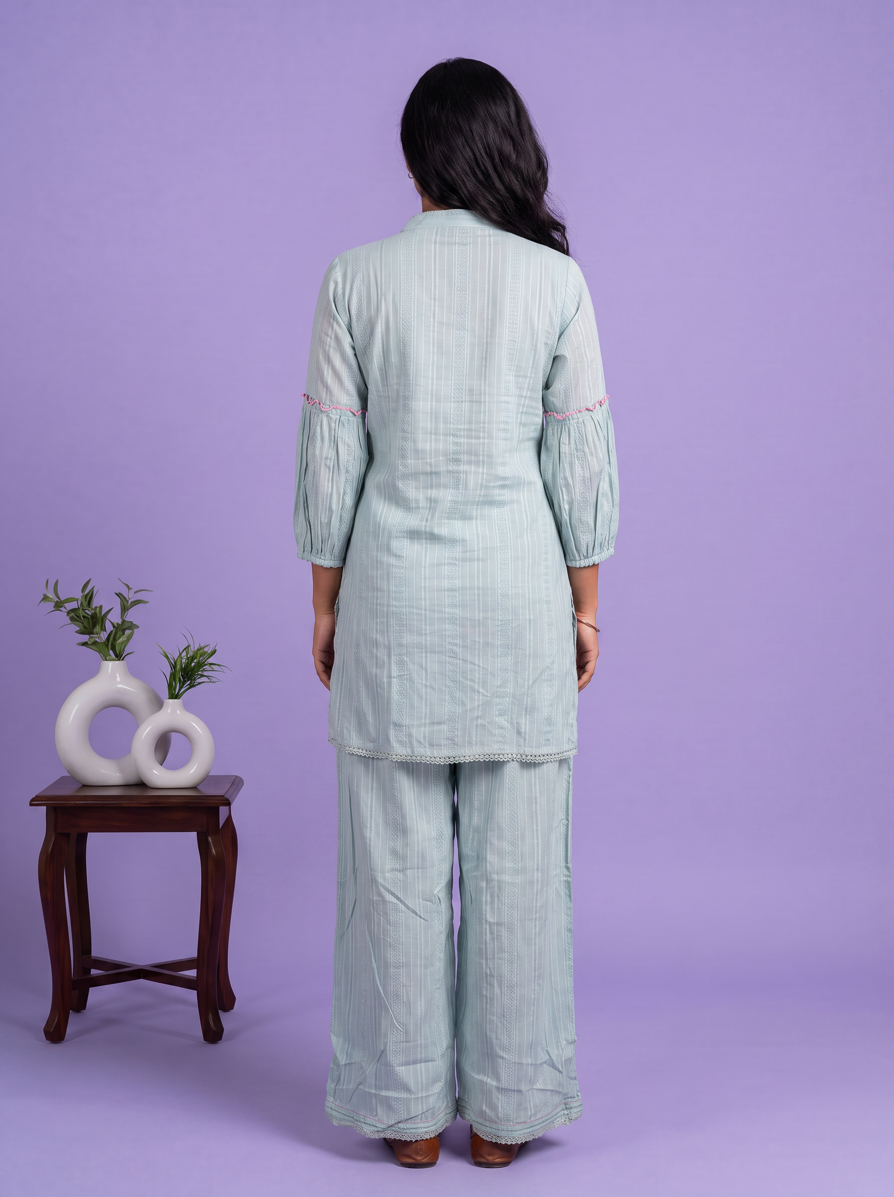 Teal Blue Cotton Embroidery Work Short Co-Ord Set