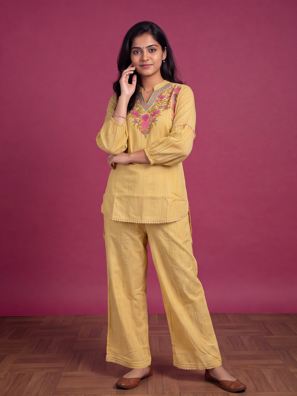 Yellow Cotton Embroidery Work Short Co-Ord Set