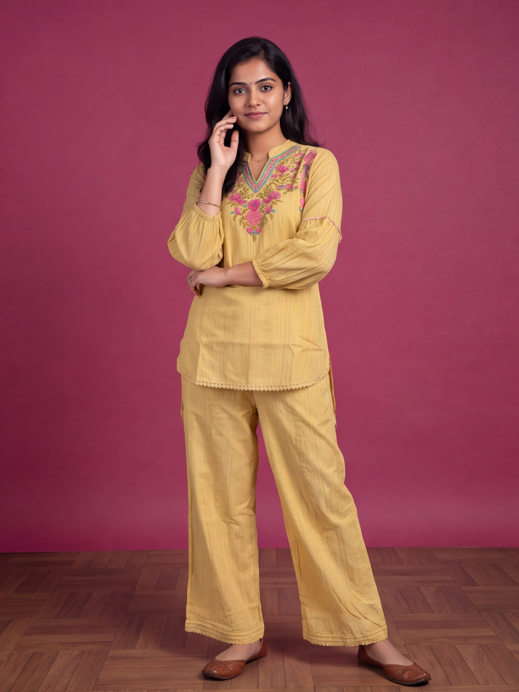 Yellow Cotton Embroidery Work Short Co-Ord Set