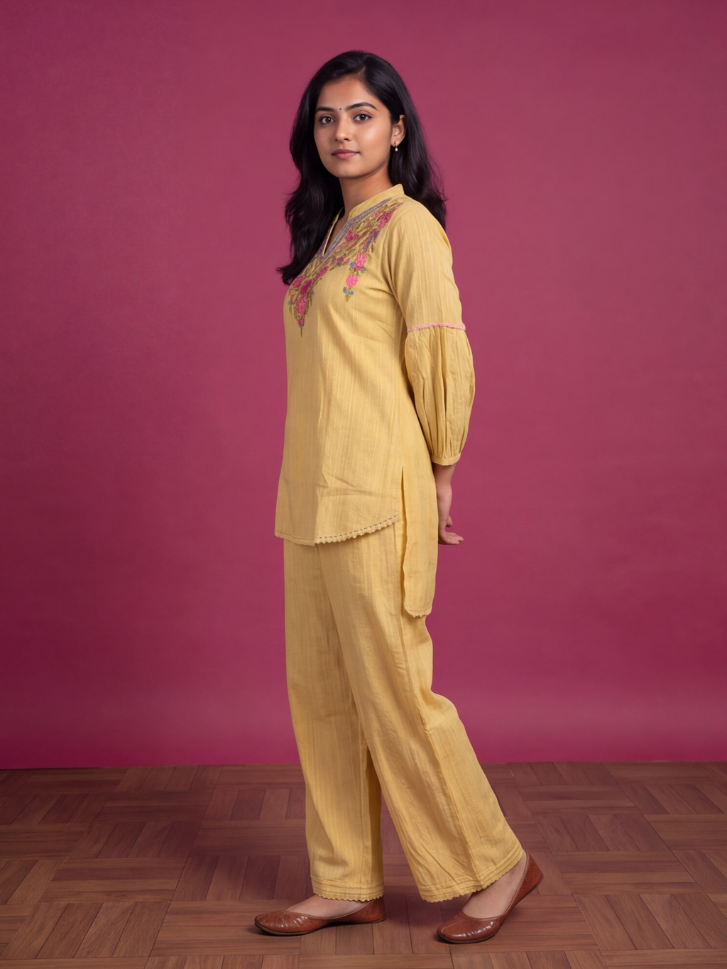 Yellow Cotton Embroidery Work Short Co-Ord Set