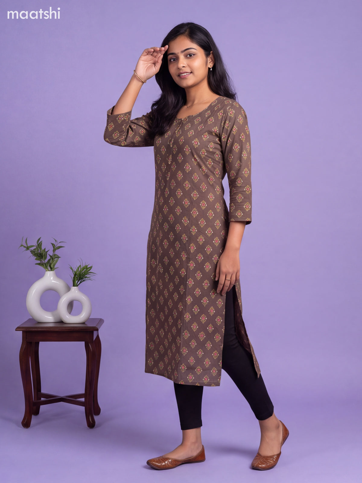 Dark Brown Cotton Printed Straight Kurti