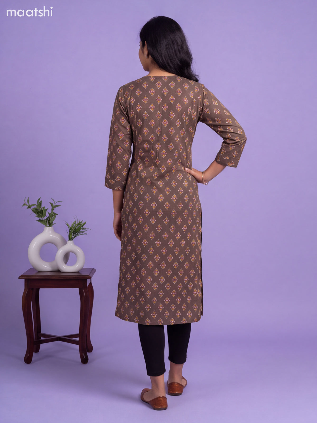 Dark Brown Cotton Printed Straight Kurti