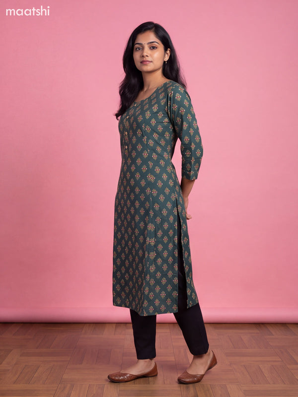 Dark Green Cotton Printed Straight Kurti
