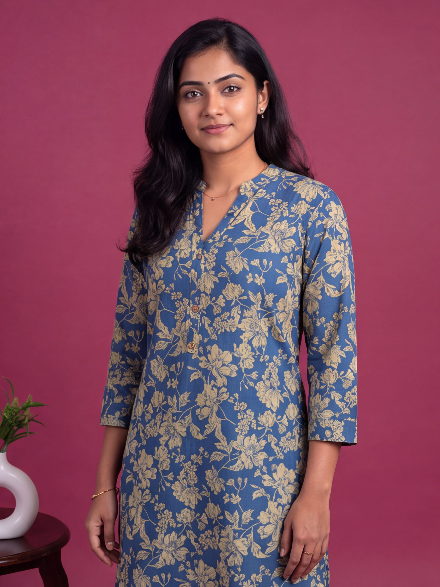 Navy Blue Cotton Allover Floral Printed Straight Kurti