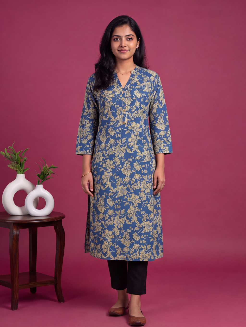 Navy Blue Cotton Allover Floral Printed Straight Kurti