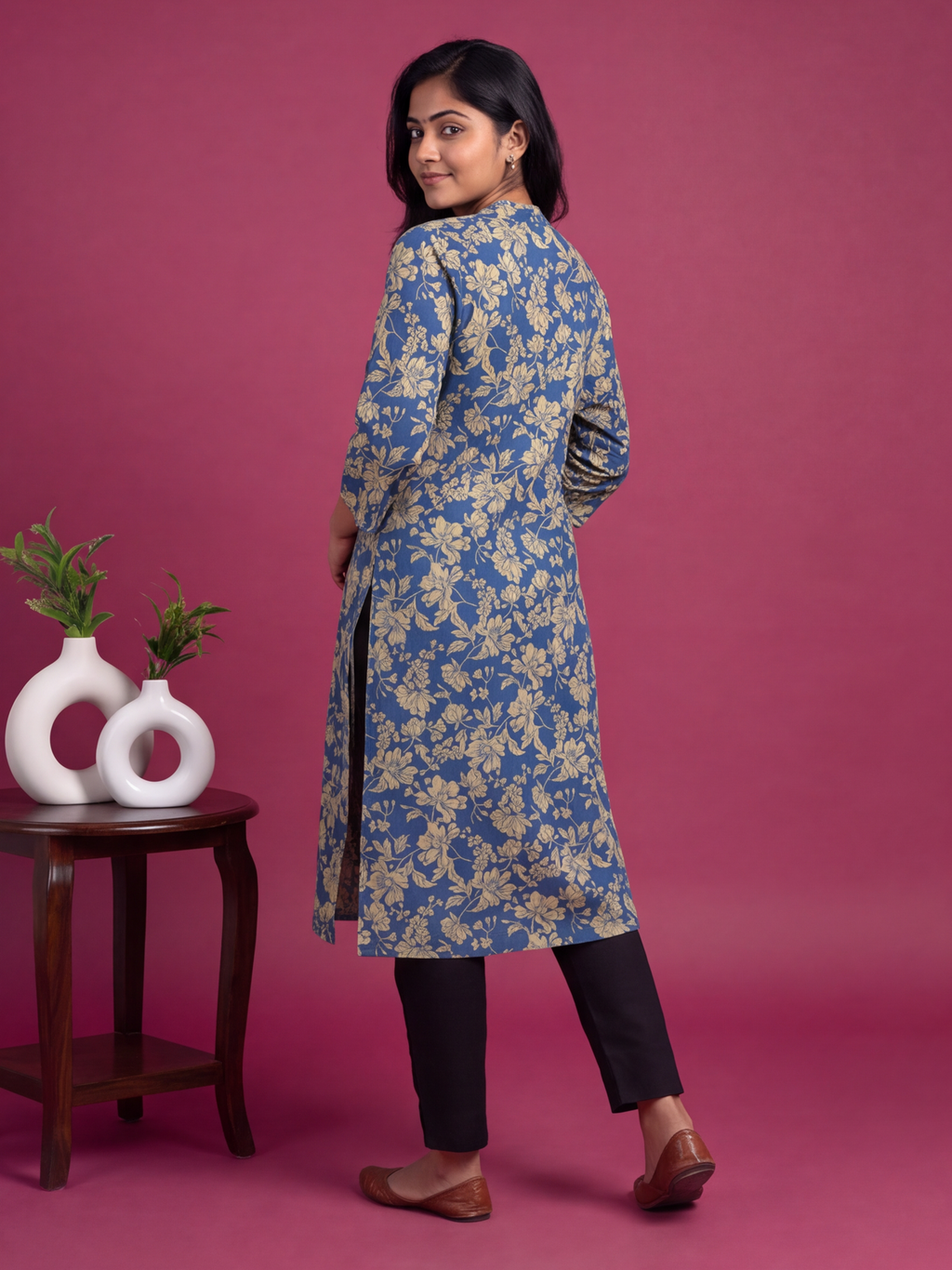 Navy Blue Cotton Allover Floral Printed Straight Kurti