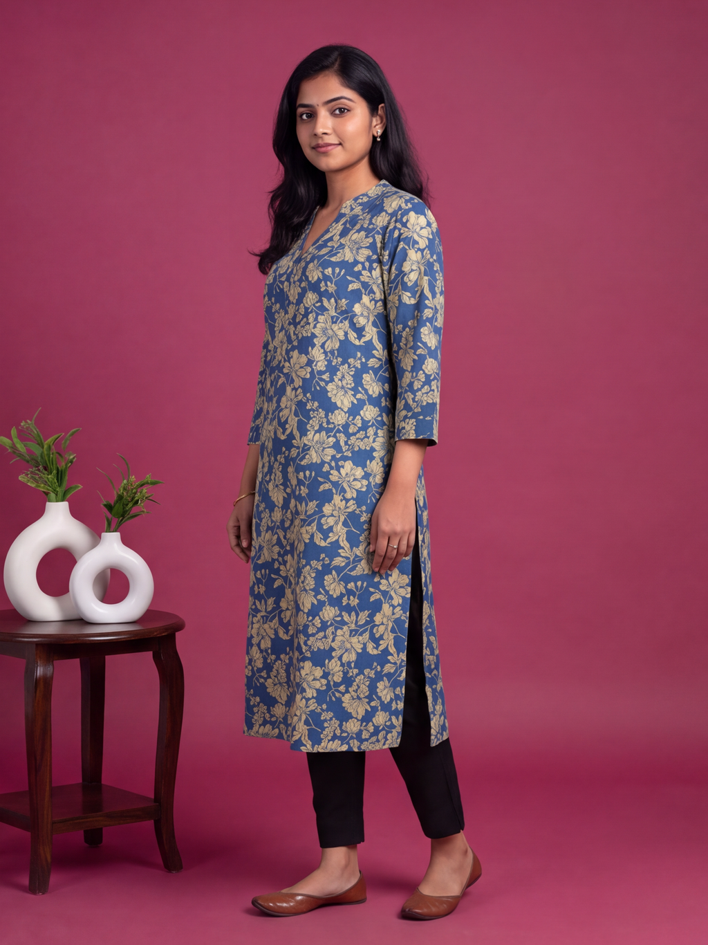 Navy Blue Cotton Allover Floral Printed Straight Kurti