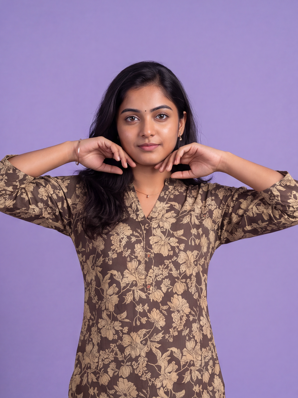 Dark Brown Cotton Allover Floral Printed Straight Kurti