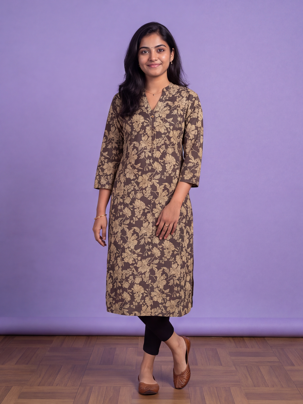 Dark Brown Cotton Allover Floral Printed Straight Kurti